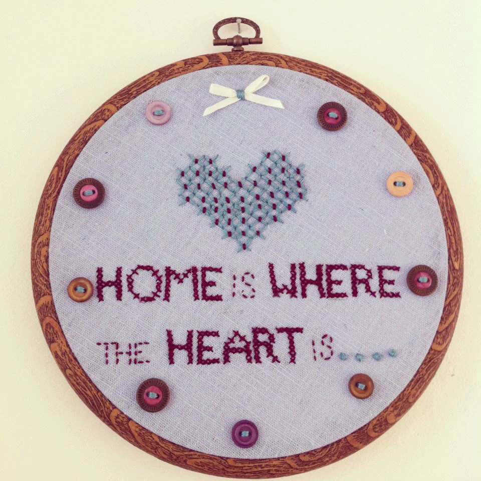 embroidery hoop, hand stitched, home is where the heart is wall hanging.