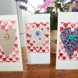 3 Hand stitched fabric heart greetings cards  
