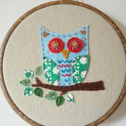 Hand stitched embroidery hoop owl wall hanging